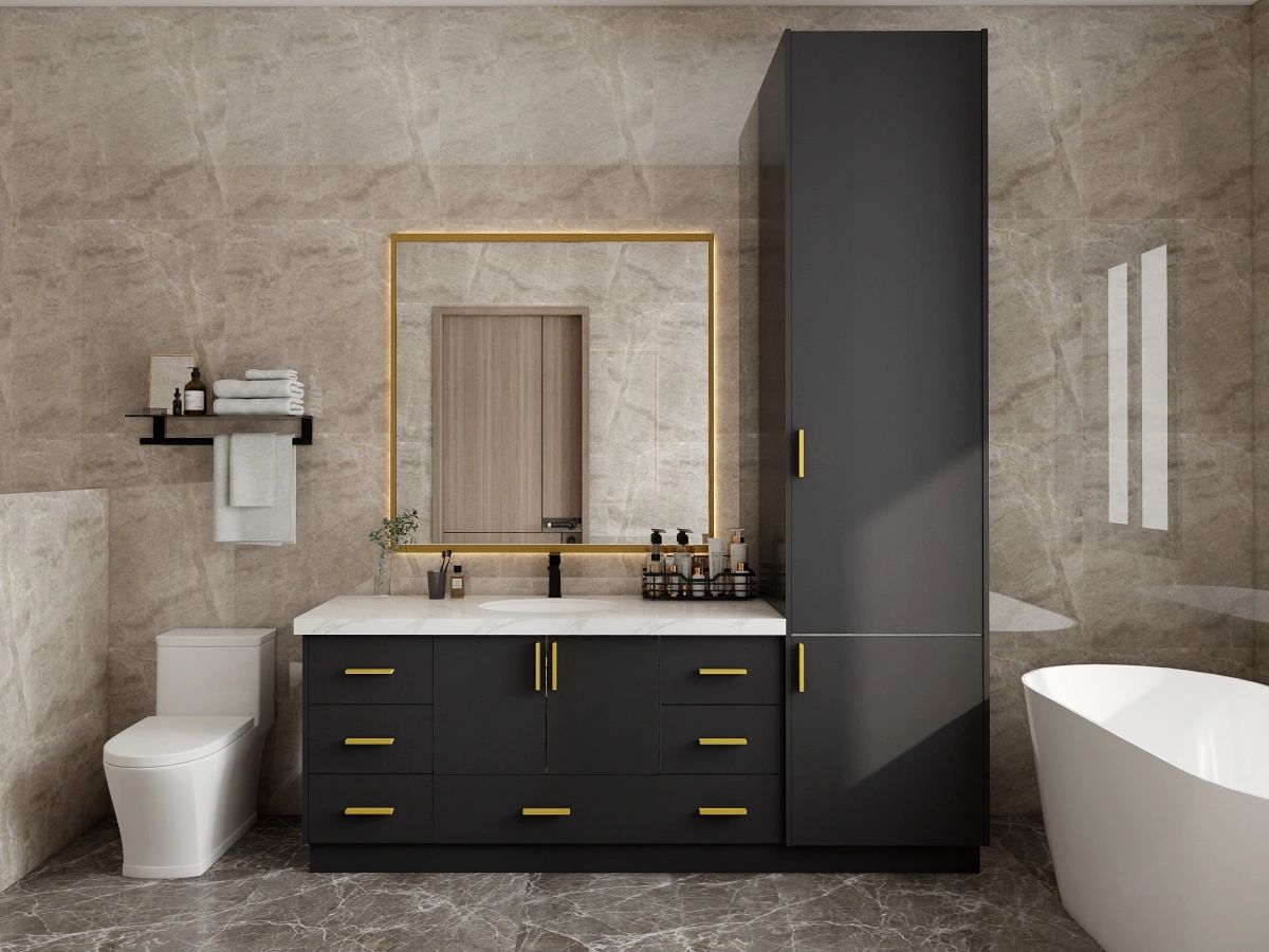 Gold-framed mirror vanity