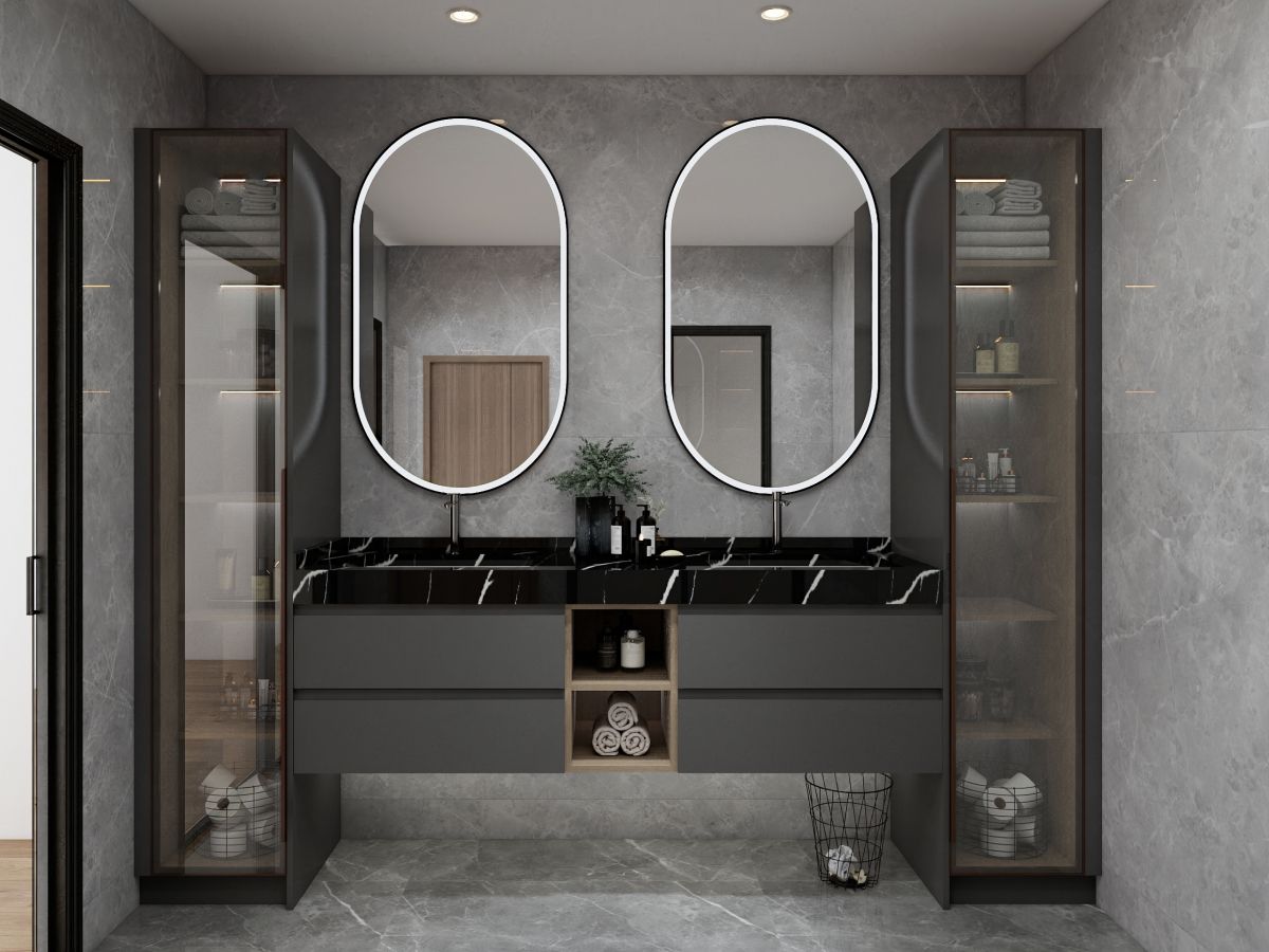 Twin oval mirrors and glass cabinets