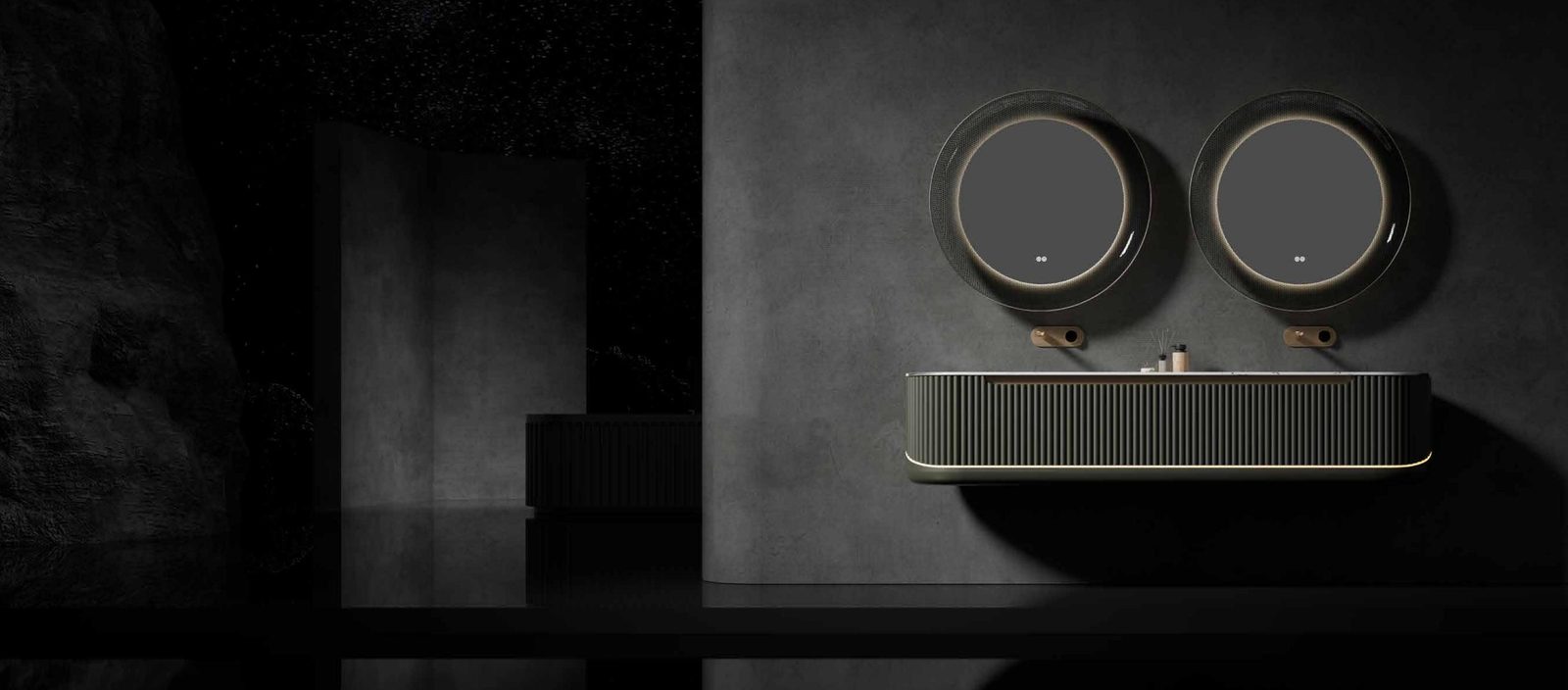 Round mirrors, wall-hung vanity