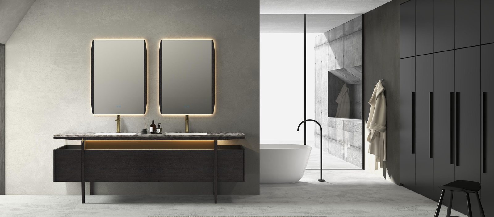 Twin mirrors and a freestanding tub