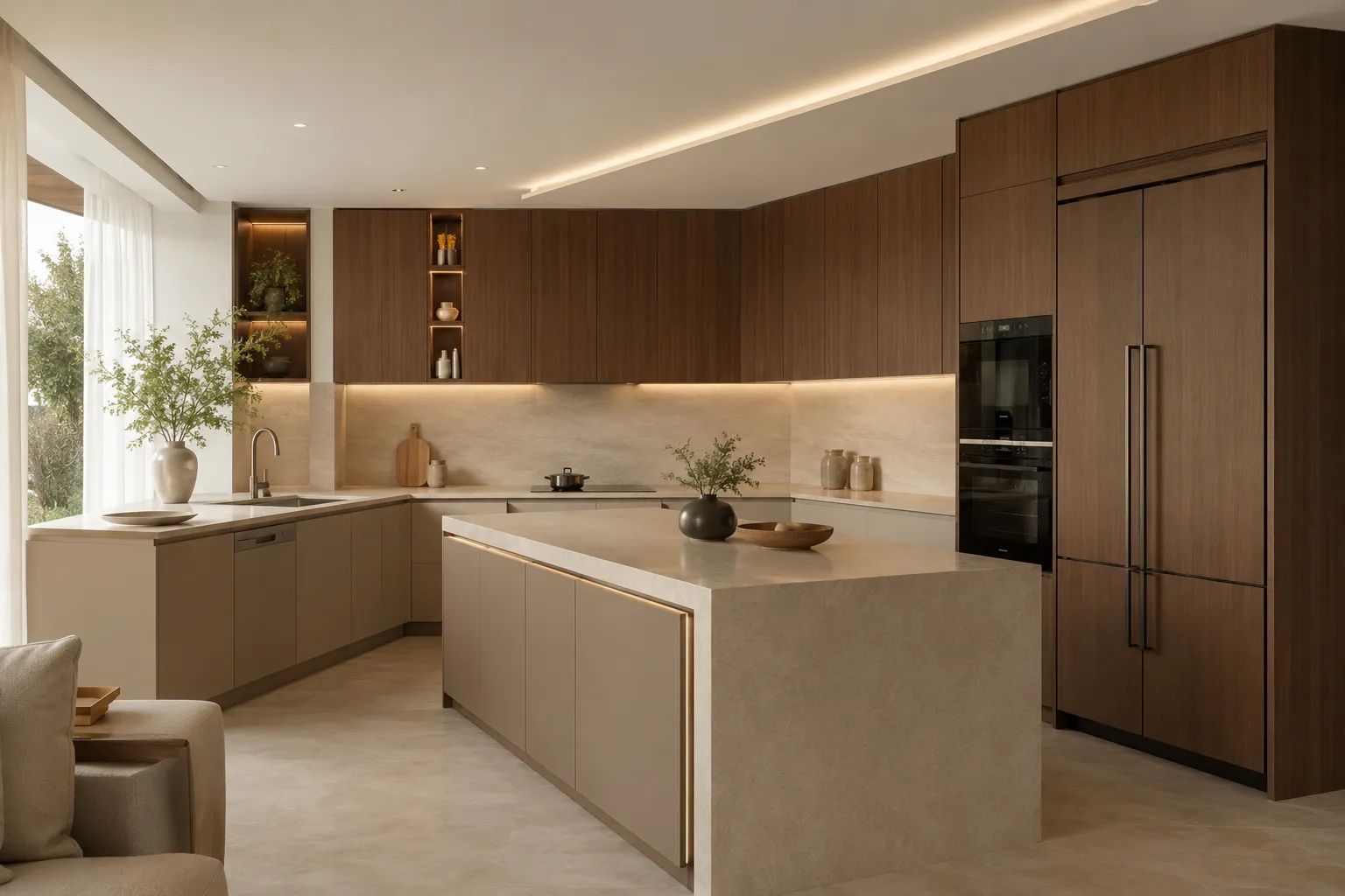 Wood-grain kitchen with island