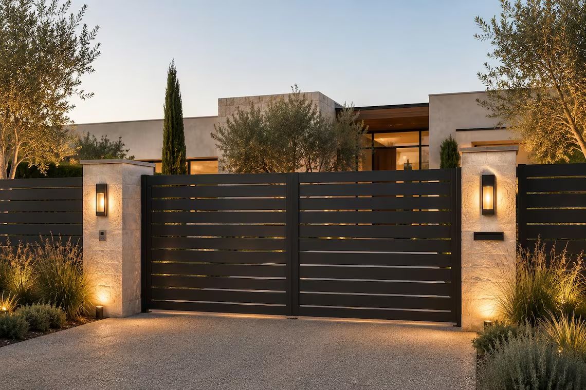 Entrance gate with lit pillars